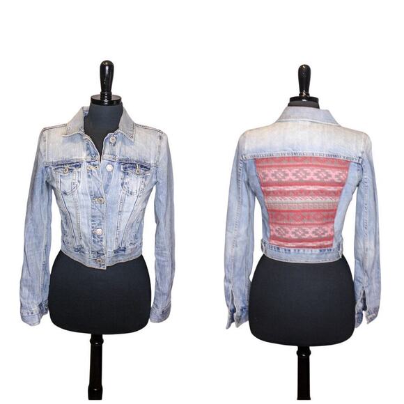 American Eagle Denim Jacket Tribal Tapestry Weave Back Aztec Southwest - Picture 1 of 5